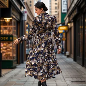 Floral V-neck long sleeve maxi dress with tiered skirt and vintage bohemian print