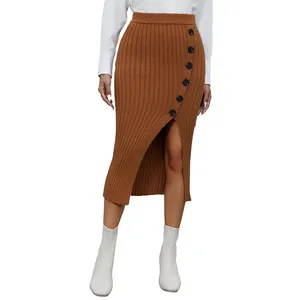 Brown knit midi skirt with decorative buttons and side slit for women in casual style