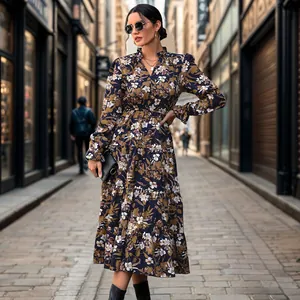 Floral V-neck long-sleeved midi dress with layered skirt and smocked waist detail