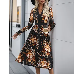 Robe Mi-longue Élégante pour Femme Imprimé Fleuri Col en V Automne Manches Longues Poignet à Volants Taille Haute Ligne A
