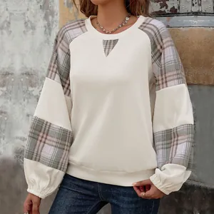 Women's casual plaid patchwork sweatshirt with crew neck and ribbed knit texture