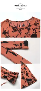 Detail of round neckline with back button closure and bird print on chiffon dress