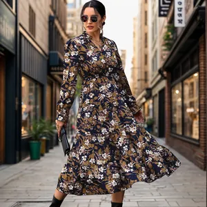 Women Vintage Floral Print V Neck Long Sleeve Tiered Midi Dress Elegant Navy Blue A-Line Cake Skirt Commute Dress