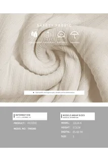Detail of ribbed knit fabric texture and model size specifications for cream pullover