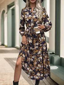 Vintage Floral Print Long Sleeve Maxi Dress For Women V Neck Drawstring Waist Elegant Ruffle Bohemian Vacation Dress
