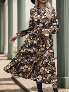 Elegant navy blue V-neck floral chiffon maxi dress with long sleeves and ruffled hem
