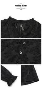 Détail du col en V et poignets boutonnés sur chemise noire en dentelle avec texture fine