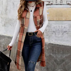 Dames Retro Ruit Vest Halflang Mouwloos Geknoopt Revers Jas Bovenkleding Casual Geruit Vest Streetwear