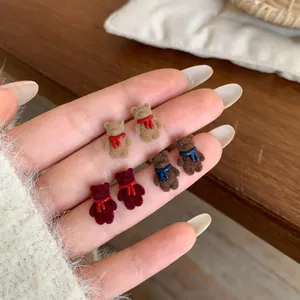 Cute flocked teddy bear stud earring set with scarves in three warm autumn colors