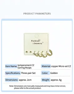 Detailed parameter display of gold zircon earring set with cross and butterfly charms