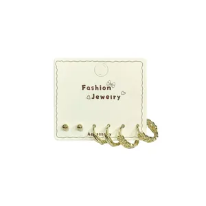 Zircon gold cross butterfly copper earring set with twisted texture and metallic ball studs