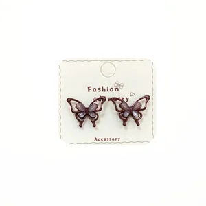 Elegant cat eye stone butterfly stud earrings in dark red and purple finish