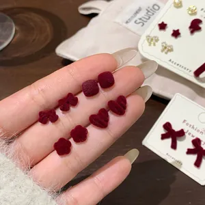 Red flocked velvet heart and butterfly stud earrings set for autumn winter jewelry
