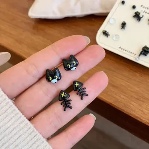Simpatici Orecchini a Bottone con Animali Cartoni Animati Con Perno in Argento Sterling 925 Lega Smalto Gatto Nero Panda Ragno Stella Lisca di Pesce Cuore Orecchini per Donna Ragazza Gioielli