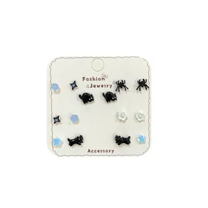 Set da 6 paia di orecchini a gatto nero e ragno con stelle blu e fiori di perla