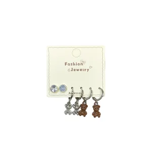 S925 silver geometric hoop earring set with rhinestone studs and bear pendants