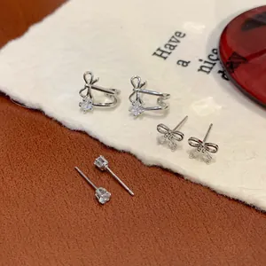 Three-piece silver zircon bow earring set with minimalist square studs for women