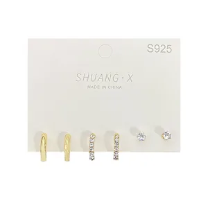 3er-Set goldene S925 Silber-Ohrringe mit polierten Reifen und Zirkonia-Ohrsteckern