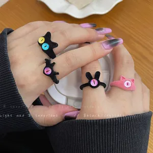 Cute Flocked Monster Adjustable Open Ring For Women Alloy Quirky Colorful Cat Eye Animal Finger Ring Jewelry Accessory