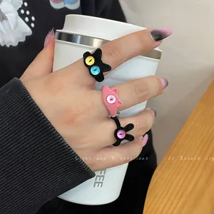 Cute cartoon flocked animal monster rings with large colorful glass eyes on hand