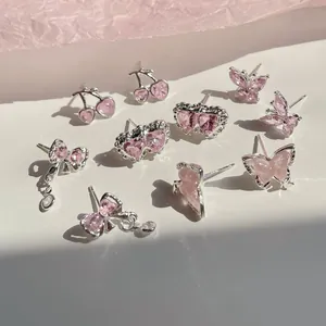 Ohrstecker-Set mit rosa Zirkon-Kirschen und Schmetterlingen aus S925 Silber