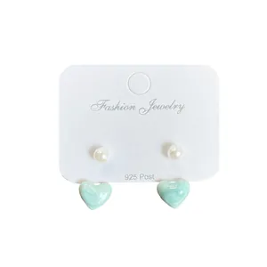 Light luxury mint blue marble heart earrings with pearls and 925 silver posts