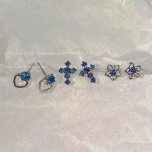 Orecchini a Bottone in Zirconia Blu Mare di Nicchia Con Perno in Argento Sterling 925 Lega Cuore Croce Fiore Gioielli Donna