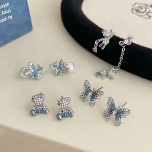 Korean Blue Zircon Bear Butterfly Earrings With 925 Sterling Silver Earring Post Alloy Rhinestone Asymmetric Tassel Jewelry For Women