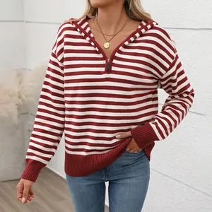 Women's red and white striped hooded knit sweater with half-zip collar and loose fit