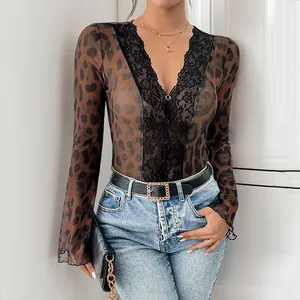 Women Sexy Leopard Print Mesh Bodysuit V-Neck Lace Splicing Long Flare Sleeve Slim Fit Sheer Romper Top Clubwear Bodysuit