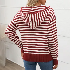 Cozy red and white striped hooded knit sweater for women with a relaxed casual fit
