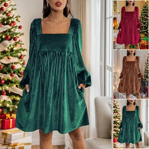 Women Christmas Square Neck Pleated Velvet Lantern Sleeve Mini Dress With Pockets Solid Color Elegant Holiday Party Dress