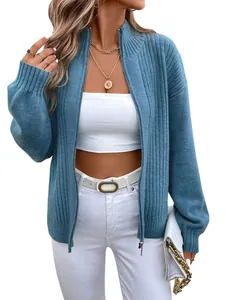 Women's blue ribbed knit cardigan with stand collar and metal zipper closure