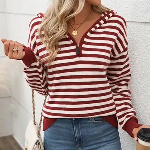 Women's Striped V-Neck Hooded Sweater Half Zipper Long Sleeve Knit Pullover Casual Loose Autumn Winter Fashion Top