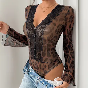 Leopard print mesh bodysuit with lace trim, V-neck and flared sleeves for women