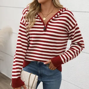 Women's V-neck striped knit sweater with red and white patterns and zipper hood