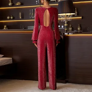 Sparkly red sequin jumpsuit with open back design and wide legs for party wear