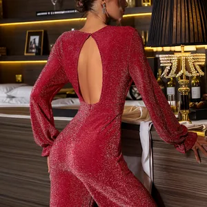 Elegant backless red sequin jumpsuit with long sleeves and high waist for women