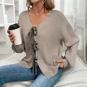Beige knit cardigan with leopard print ribbon ties, V-neck long sleeve sweater for women