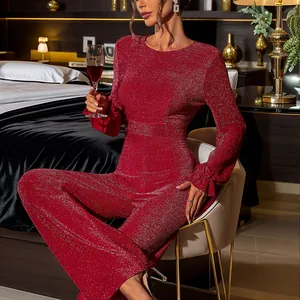 Women Elegant Red Sequin Jumpsuit Sexy Backless High Waist Wide Leg Long Sleeve Ruffle Jumpsuit For Party Valentine