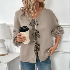 Women's V-neck knit cardigan with leopard print bow ties in a soft beige autumn style