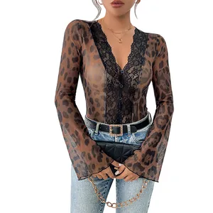 Women's leopard print mesh bodysuit with lace trim and flared sleeves for autumn fashion