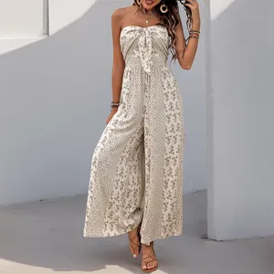 Damen Jumpsuit Cremefarben mit Boheme-Blumenmuster Trägerlos mit Gummizug und Weitem Bein