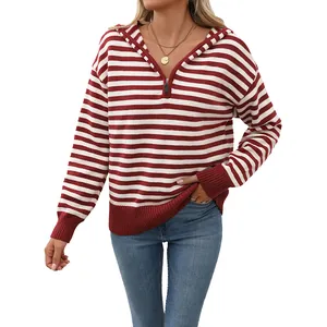 Women's red and white striped hooded knit sweater with half-zipper and ribbed cuffs