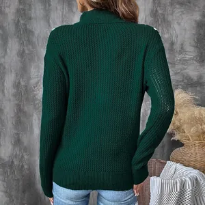 Deep green knit sweater with half-zip collar and textured back view on model