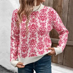 Maglione in maglia jacquard floreale rosa e bianco con collo a lupetto per l'autunno