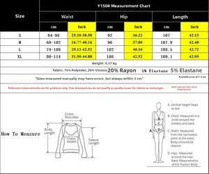Size chart showing dimensions for low-rise contrast trousers in S to XL with fabric data