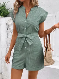 Detail of green pinstripe romper with button-up front, collar, and waist tie belt
