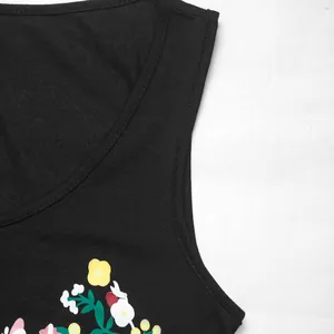 Détail de l'encolure ronde et de l'imprimé floral sur une robe d'été noire sans manches