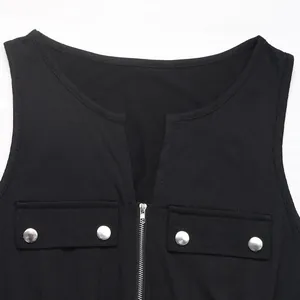 Close-up of sleeveless jumpsuit featuring a V-neckline with silver zipper and button pockets